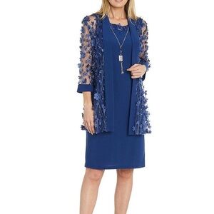 NWT Blue Sleeveless Knee Length Dress with Sheer Jacket 3D Flowers Size 18